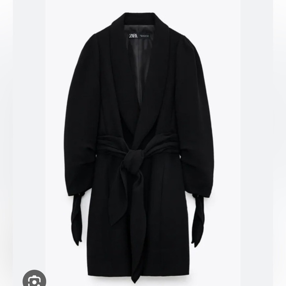 Zara Tied Bow Sleeve Puff Shoulder Black Belted Frock Coat Black M - Picture 2 of 16